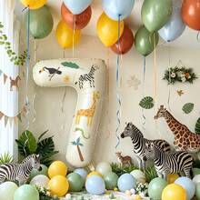 32 Inch Cream 0-9 Number Balloon Set With Jungle Animal Stickers, Large Foil Balloons, Suitable For Children's Adventure Activities, Birthday Party Decorations, Wildlife Theme Party, Wedding, Birthday, Bachelor Party, Bachelorette Party And Other Jungle Animal Theme Parties. - Sticker Version - Milky White - View 8