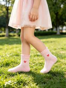 5/1 Pair Girls Mid-Calf Socks, Cute Pink Heart Design, Suitable For All Seasons Daily Wear, Back To School Socks, Gift, New Year - Multicolor - View 3