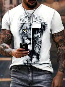 Men's Casual Summer T-Shirt With Cross And Lion Pattern And Round Neck - Black - View 1