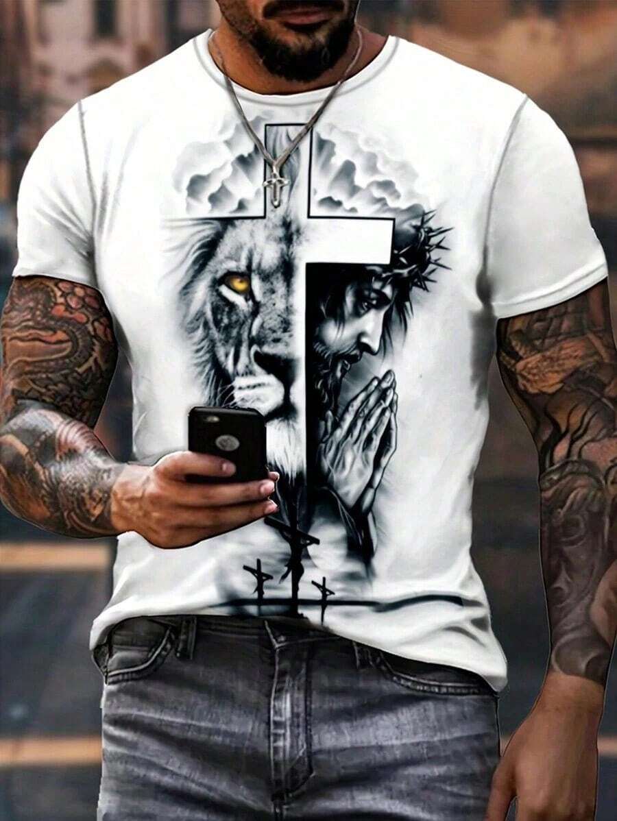 Men's Casual Summer T-Shirt With Cross And Lion Pattern And Round Neck - Black - View 1