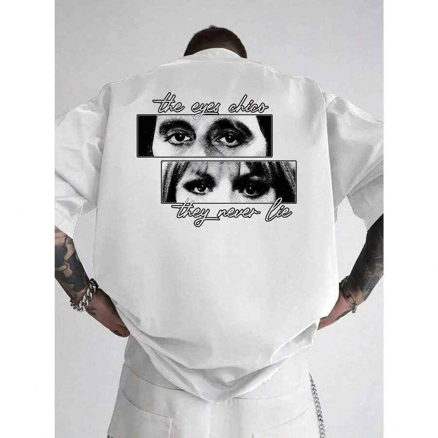Camiseta gráfica de la película para hombres - Impresión trasera de Tony Montana con citas de Los ojos lo tienen y Ellos nunca mienten - Camiseta casual de cuello redondo y manga corta - Blanco - Ver 1