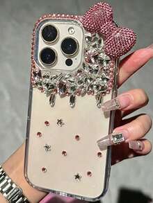 Luxury High-End 3D Rhinestone Bow & Raindrop Phone Case Compatible With IPhone 17 Pro Max, 17 Pro, 17, 16 Pro Max, 16 Pro, 16, 15 Pro Max, 14 Pro Max, 13 Pro Max, 12, 11, New Sparkling Glamorous Women's Phone Case - Pink - View 2