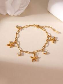 GEREIT 1pc Summer Vacation Style 18k Gold Plated Stainless Steel Starfish Shell Women's Bracelet, Suitable For Daily And Vacation Wear - Multicolor - View 6