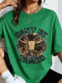 Women's Oversized T-Shirt With Western Bull Skull Graphic "Can't Be Tamed", Casual Summer Top, Country Style, Fashion Piece, Casual Blouses For Ladies - 綠色 - 查看 2