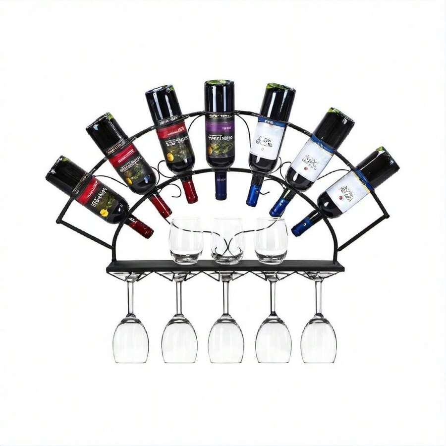 Wine Bottle Stemware Rack - Wall-Mounted Bordeaux Style - 7 Bottles + 5 Glasses - Elegant Kitchen Storage - Apricot - View 1