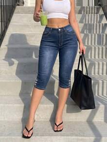 Jkorea High Waisted Capri Jeans - Light Wash Slim Fit Cropped Skinny Denim - 深色洗水藍2 - 查看 3