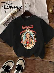 Plus Size - Plus Size - A Short-Sleeve T-Shirt For Women Featuring A Design Of Moana In An Oval Frame, AdornedRed Bow And Beaded, Showcasing Disney'S - 黑色 - 查看 1