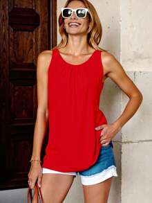 Solid Sleeveless Blouse With Ruched Design - 紅色 - 查看 3