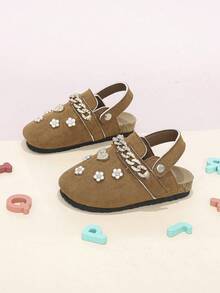 Zapatos tipo mule para niñas color camello con cadena de strass y lazo de strass, hebilla decorativa 3D, adecuados para todas las estaciones, espalda abierta y punta cerrada - Camel - Ver 3