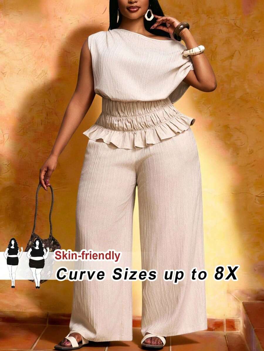 E+ 2pcs/Set Plus Size Women's Summer Elegant Beige Vacation Outfit,Asymmetric Shoulder Sleeveless Top And Wide Leg Pants Set,Boho Western Casual Style - Apricot - View 1