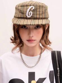 1 pieza Gorra de béisbol estilo americano para mujer con parte superior plana, vintage, letra 3D, diseño de pastillero, estampado de pata de gallo, unisex - A - Ver 8