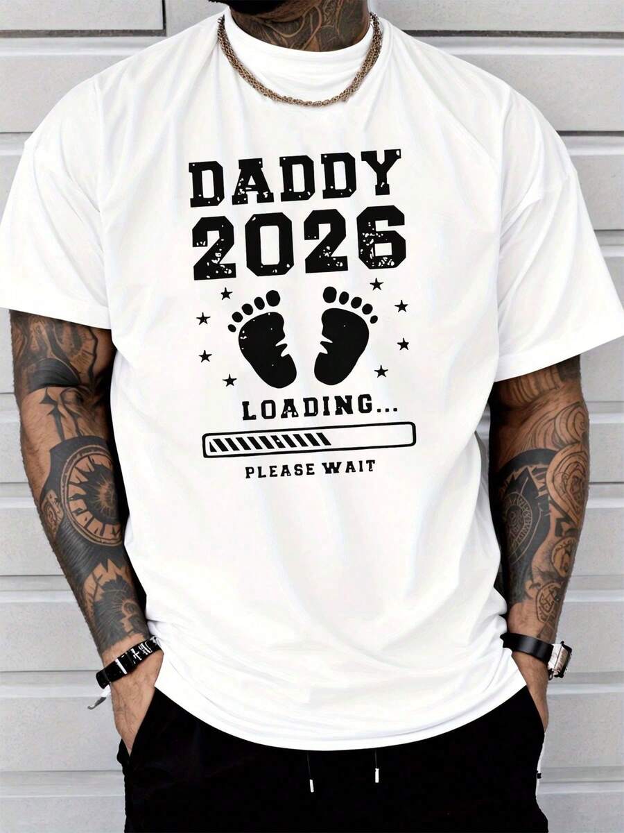 Men's Casual Fashion T-Shirt With Baby Footprint And Load Bar Print "Dad 2026 Loading" - Casual Clothing For Expectant And New Dads - Holiday Gift - Urban Style V - 白色 - 查看 1