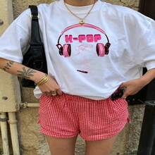 Cute K Pop Girl Graphic T-Shirt 100% Cotton Oversized Soft Breathable Casual Crewneck Short Sleeve Top Daily Casual Street Style Aesthetic Daily Trendy Basic Casual Wearers Fashion  Lovers - Blanco - Ver 19