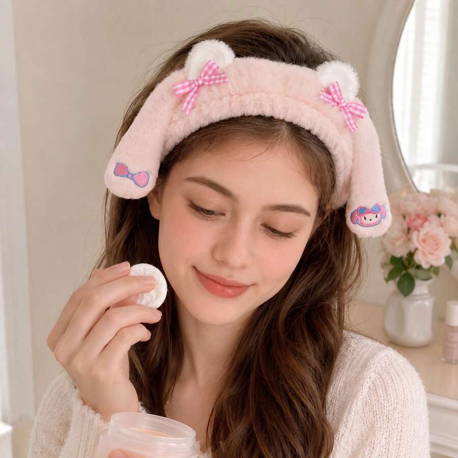 MINISO Sanrio My Melody 毛絨化妝髮箍,粉色兔耳蝴蝶結髮箍,適用於洗臉、護膚、SPA及日常護理 - 淺粉色 - 查看 1
