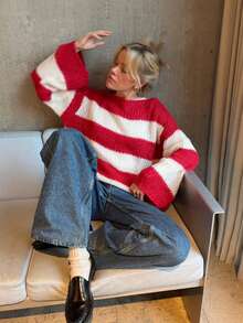 Women's Red Striped Short Sleeve Knit Cardigan, Front Button Regular Length Round Neck Spring/Summer Jacket, Suitable For Spring/Summer Fashion Cute Cardigan - Red - View 1