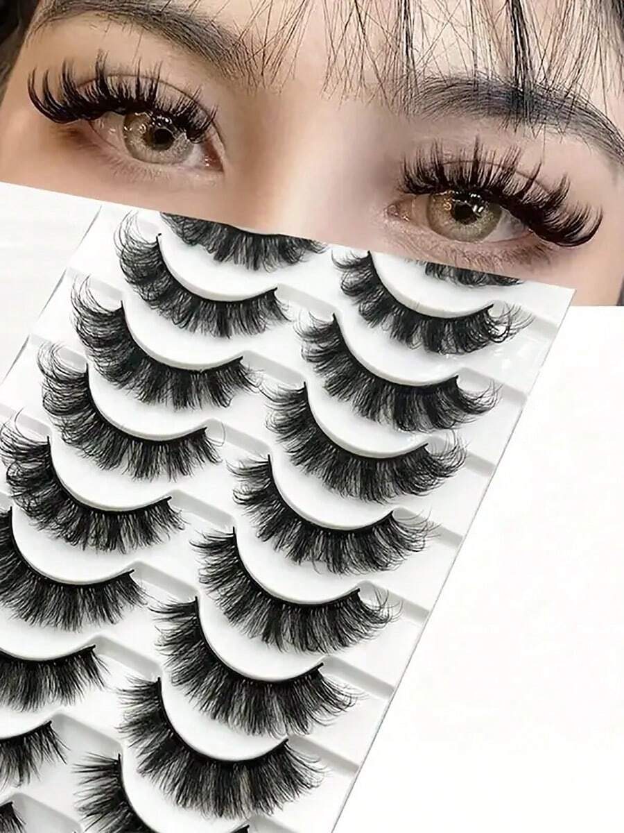 DH Striped Series D-Roll False Eyelashes 10 Pairs | Natural Simulated Hair Bundle, Fluffy Volume+Slim Texture, 3D Curling Lasting - View 1