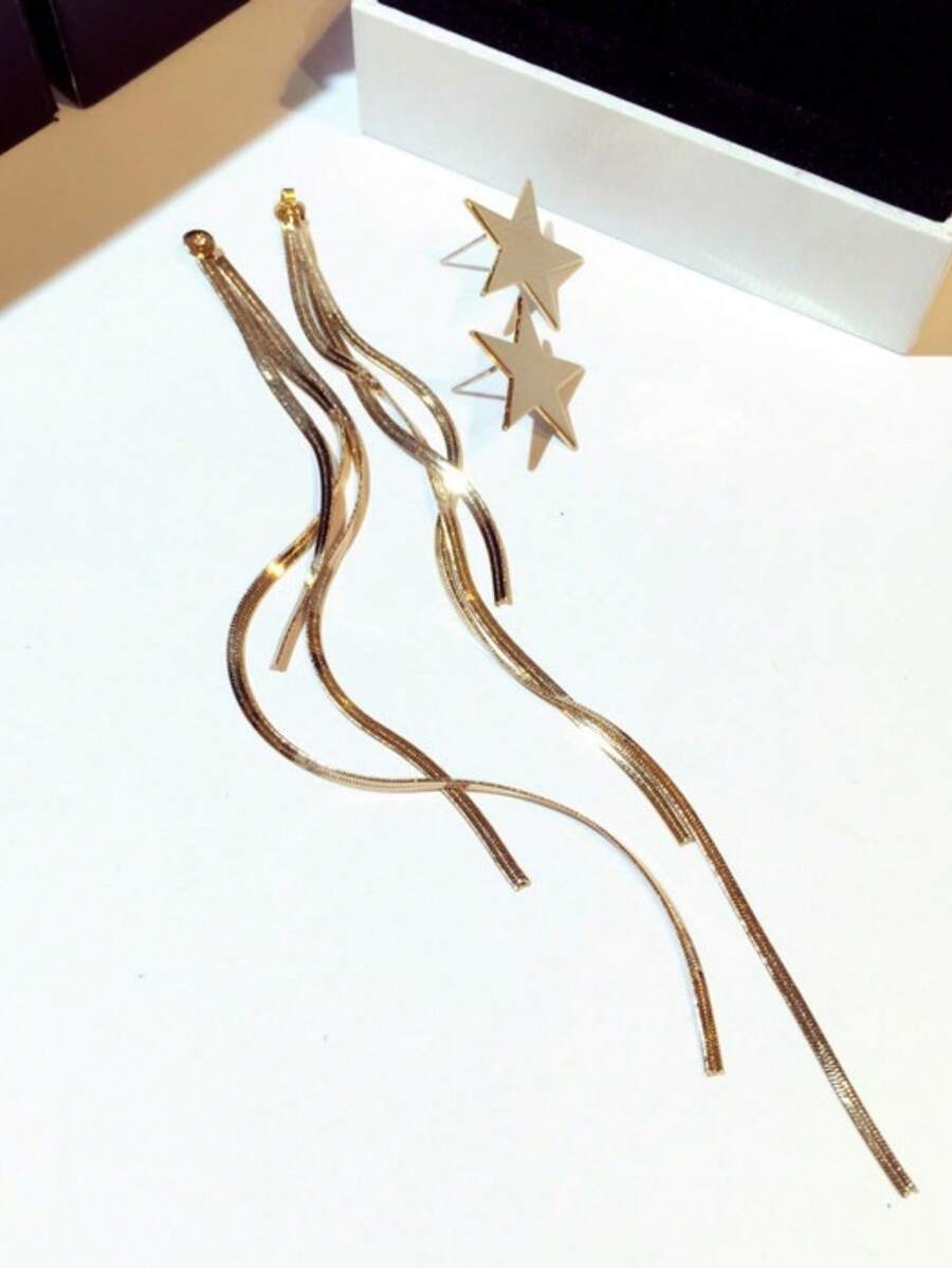 1對星星金屬鍊條耳環，歐美風個性時尚，2種戴法長流蘇耳釘，適合女款與女孩，旅行、婚禮、派對配件，生日、聖誕禮物 2026 - 金色 - 查看 1