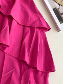 1pc Solid Color Ruffle/Frill Twist Multi-Layered Off-Shoulder Jumpsuit, Suitable For School, Party, Stage, Concert, All Seasons Summer - Hot Pink - View 9