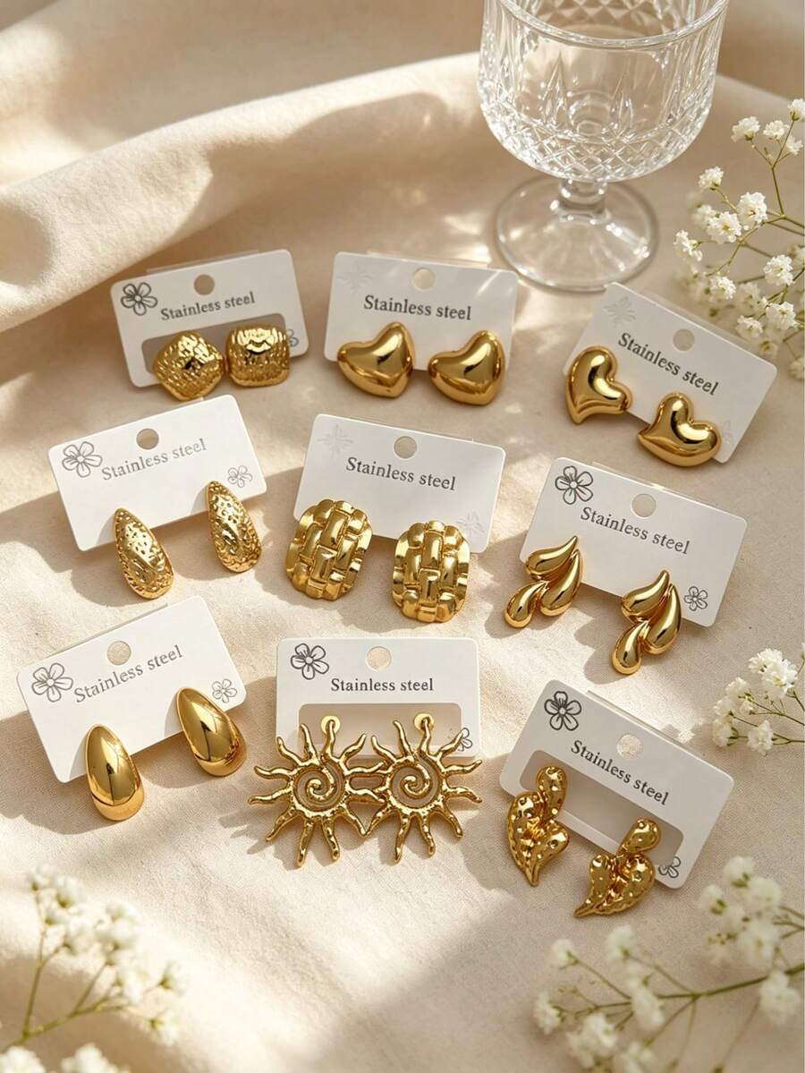 18Pcs Stainless Steel Earrings Set, Gold Cartoon Heart Teardrop Studs, Ins Style Random Mix, Gift For Friends & Students,Random Delivery - Multicolor - View 1
