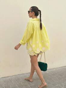 2pcs Asymmetrical Sunflower Embroidery Set, Summer Vacation Outfit Yellow Sheer Embroidered Hem V-Neck Cardigan With Bohemian Style Shorts, Lightweight - Yellow - View 6