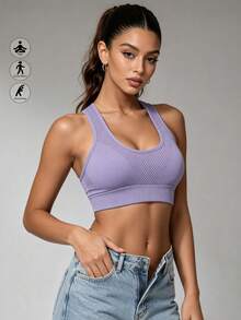 Runway Rest Women's Sports Bra, Racerback Yoga Fitness Running Crop Top Bra - Violet Purple - View 1