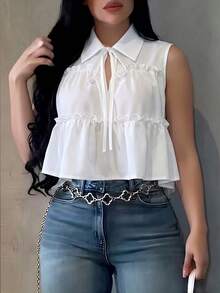 Women's New Spring/Summer Solid Color Sleeveless Elegant Top Vest With Ruffle Collar, Casual , Dating, Outing, Home, Vacation, Beach, Holiday White - White - View 6