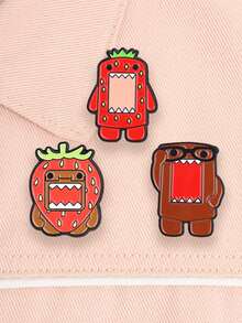3pcs Fun Cute Strawberry Monster Enamel Brooches, Cartoon Strawberry Hat & Black Frame Glasses Design Badges, Fashion Clothing & Backpack Accessories, Best Gift For Cartoon Lovers - Multicolor - View 4