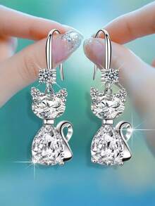 YSH.ZIXIN 1 Pair Crystal Cat Pendant Earrings With Ocean Heart Design, Shining Rhinestone Eardrops For Women - Kitten-2 - View 14