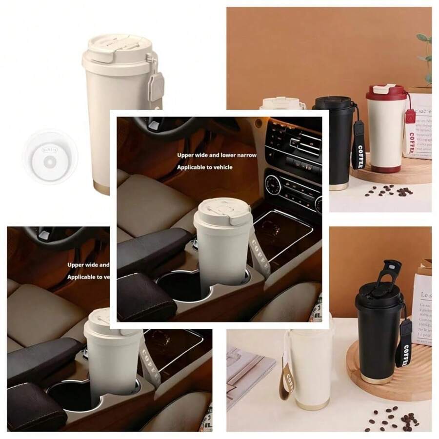 Stylish Insulated Travel Coffee Mug Double Wall Stainless Steel Vacuum Flask Reusable Portable Drinkware - Cerámica blanca - Ver 1