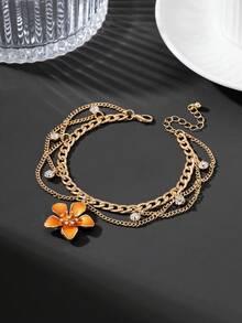 1pc Sparkling Vacation Style Line Tassel Handmade Oil Drip Vibrant Orange 5-Petal Flower Pendant Women's Multi-Layer Anklet - Orange - View 3