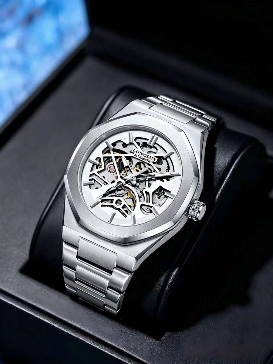 LONGLUX 1pc Men's Hollow Automatic Mechanical Watch With Butterfly Buckle Steel Strap, Minimalist Fashion Daily Wear, Suitable As Holiday Gift