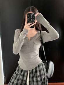 Designer Niche Long Sleeve T-Shirt Women Autumn Minimalist Versatile Slim Fit Flattering Casual Base Layer Top - Grey - View 6