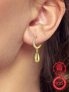 1 Pair Original 925 Sterling Silver Women's Hoop Earrings, 18K Gold Plated Teardrop Earrings, Inlaid With Sparkling Cubic Zirconia, Elegant And Exquisite Jewelry Gift, Suitable For Daily Wear, Parties, Shopping, Holiday Banquets - Gold - View 1