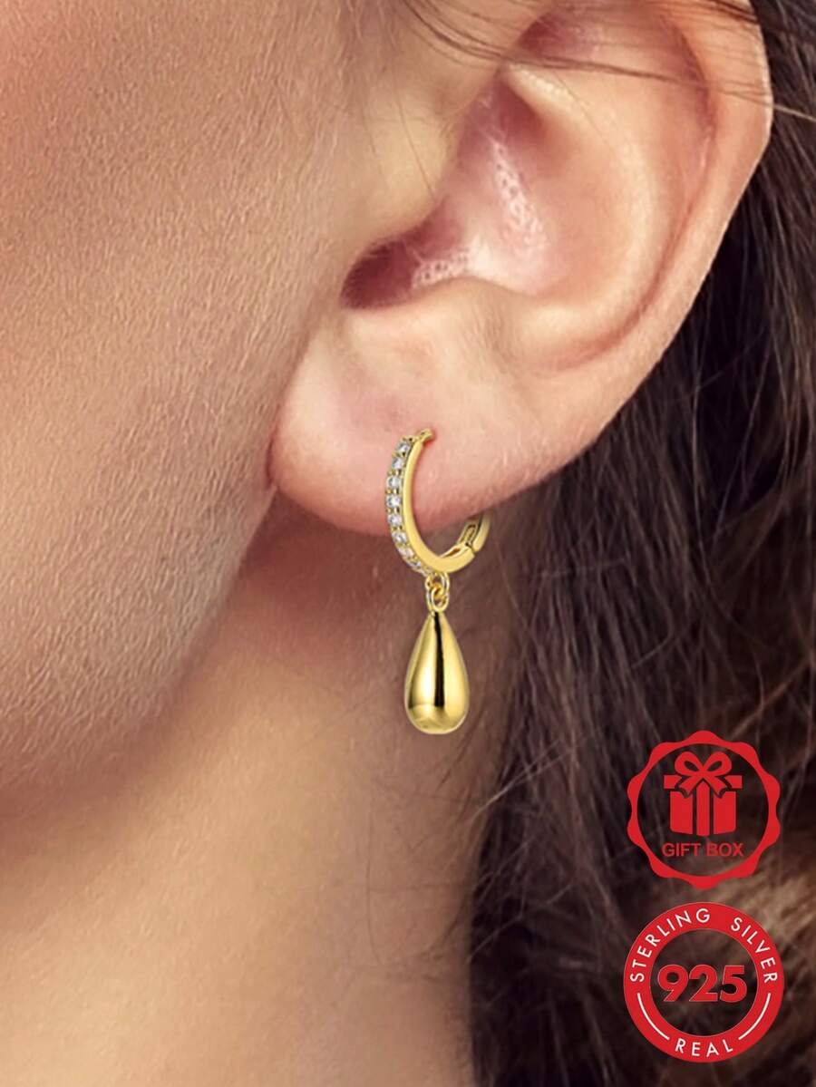 1 Pair Original 925 Sterling Silver Women's Hoop Earrings, 18K Gold Plated Teardrop Earrings, Inlaid With Sparkling Cubic Zirconia, Elegant And Exquisite Jewelry Gift, Suitable For Daily Wear, Parties, Shopping, Holiday Banquets - Gold - View 1
