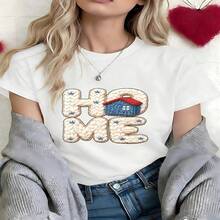 Home Embroidered Graphic T-Shirt, 100% Cotton Oversized Soft Breathable Casual Crewneck Short Sleeve Top, Summer Vibes Aesthetic Streetwear Style For Women & Home Lovers - 白色 - 查看 11