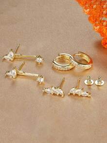 3 Pairs/6pcs Set Exquisite Leaf Zirconia Small Earring Set, 18K Gold Plated, Unique Adjustable Ear Cartilage Studs, Ear Piercing Jewelry - 6pcs Earrings Set - View 8