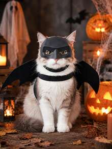 1 Set Halloween Cat Bat Wings Mask Set, Party Cosplay Costume, Photo Prop, Halloween Pet Decoration, Halloween Party Gift, Happy Halloween Decoration, Halloween Trick Or Treat Decoration, Halloween Home Decor, Halloween Fun Costume Prop, Suitable For Halloween Party And Holiday Cosplay, Cat Lover Halloween Gift - Black - View 3