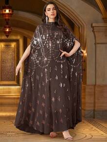 女款重工串珠刺繡亮片優雅立領兩件式阿拉伯風禮服，適合舞會禮服與多種場合，秋季款 - 咖啡棕 - 查看 4