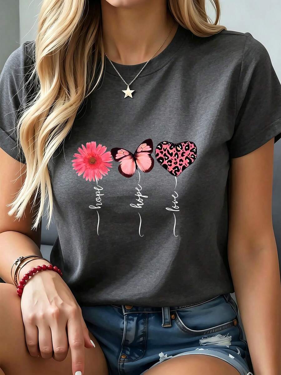 Women's Short-Sleeved T-Shirt, A New Summer Garment With A Print And Round Neck. A Basic, Comfortable, And Lightweight Style, It's Youthful, Goes With Everything, And Is Ideal For Casual Looks. - 灰色 - 查看 1