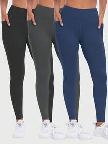 3pcs Women's Tummy Control Fitness Leggings With Pockets Sports - Multicolor - View 2
