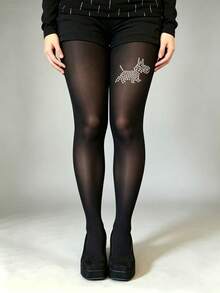 1 Par de Meia-Calça Preta Transparente com Decoração de Strass Schnauzer, Sexy, Única, Brilhante, Padrão de Cachorro, Alta Elasticidade, Uso Diário - Multicolorido - Visão 1