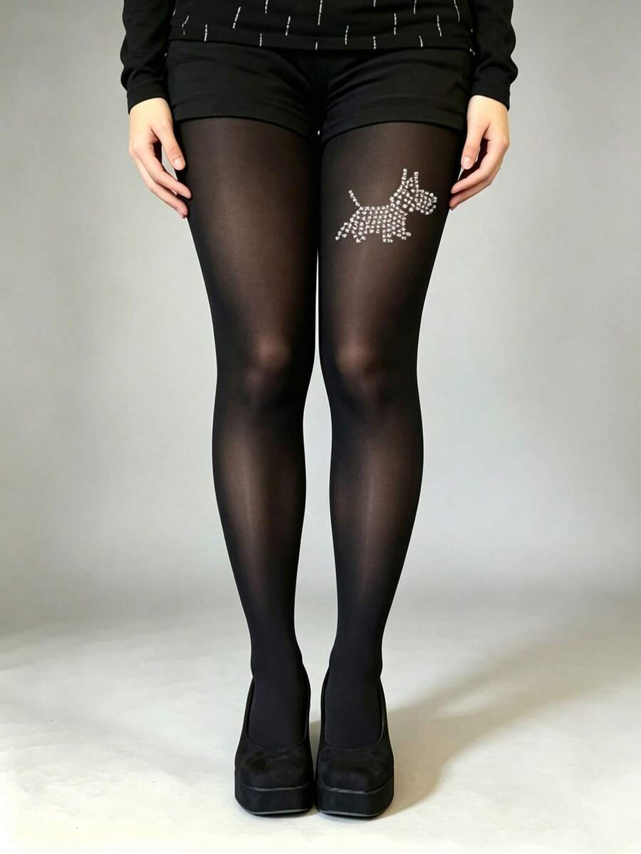1 Par de Meia-Calça Preta Transparente com Decoração de Strass Schnauzer, Sexy, Única, Brilhante, Padrão de Cachorro, Alta Elasticidade, Uso Diário - Multicolorido - Visão 1