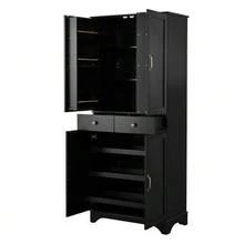 Tall Cabinet With Adjustable Shelves And Drawers, Bookcase With Sliding Shelves And Refrigerator Doors, Ideal For The Dining Room, Living Room And Kitchen (White) - Black - View 8