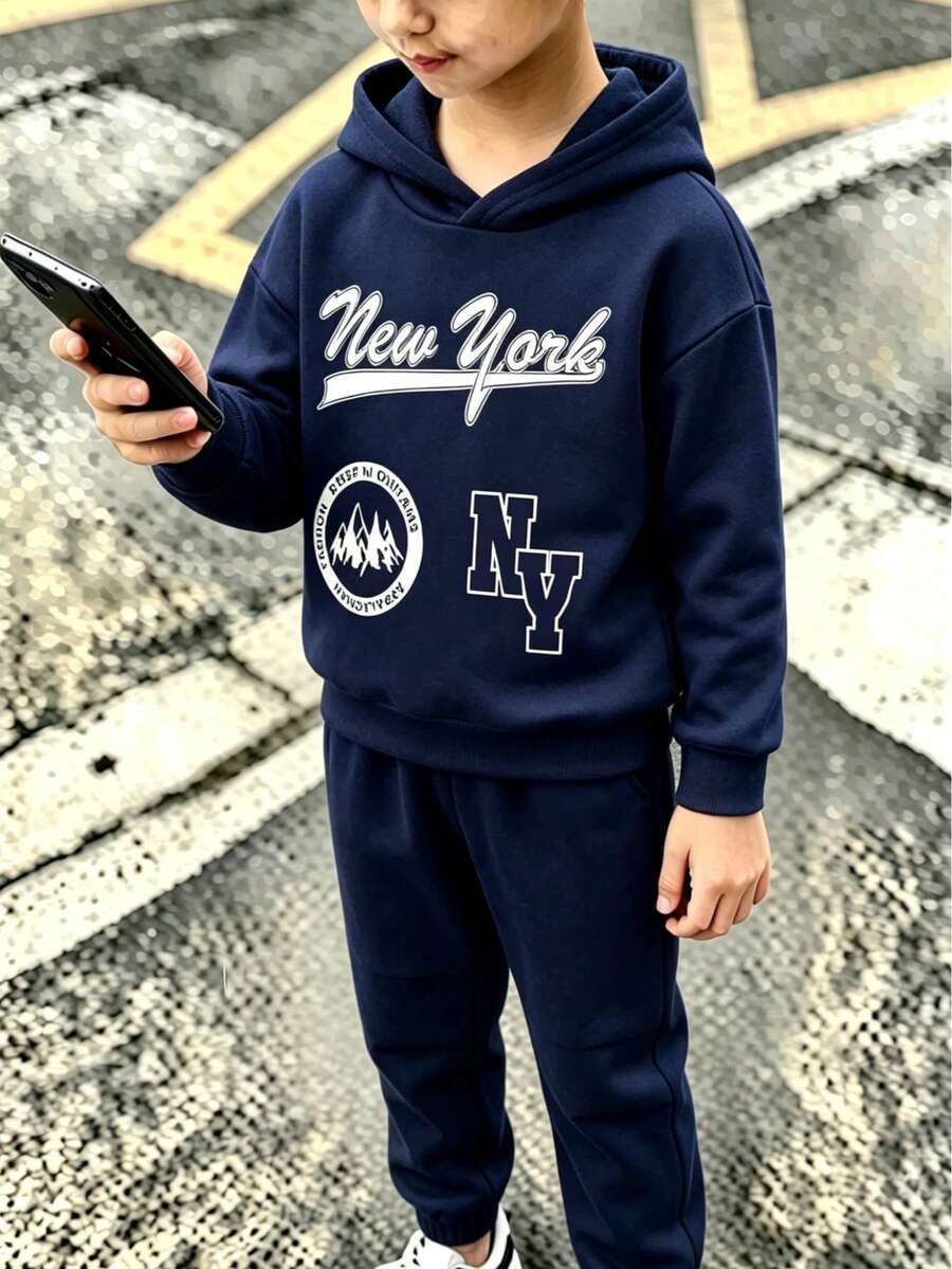 Toddler Letter Print Warm Hoodie Sweatshirt And Pants Set - Royal Blue - View 1