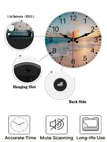 One Coastal Beach Sunset Wall Clock, Silent, Tick-Free, Wooden Round Decorative Clock With Sea View, Battery Powered (AA Batteries Not Included), Home Decor Gift, 12-Digit Display. - 1PC - 查看 5