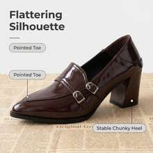 Glossy Patent Leather Pointed Toe Chunky Mid-Heel Loafers Women's Non-Slip Easy To Clean Office Daily Shoes 2 Colors - Burgundy - View 5