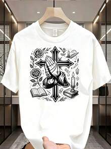 Camiseta Casual para Hombre con Dise?o de Manos en Oración y Cruz, Estilo Urbano, Moda para Hombre, Ropa Casual para Adultos - Blanco - Ver 1