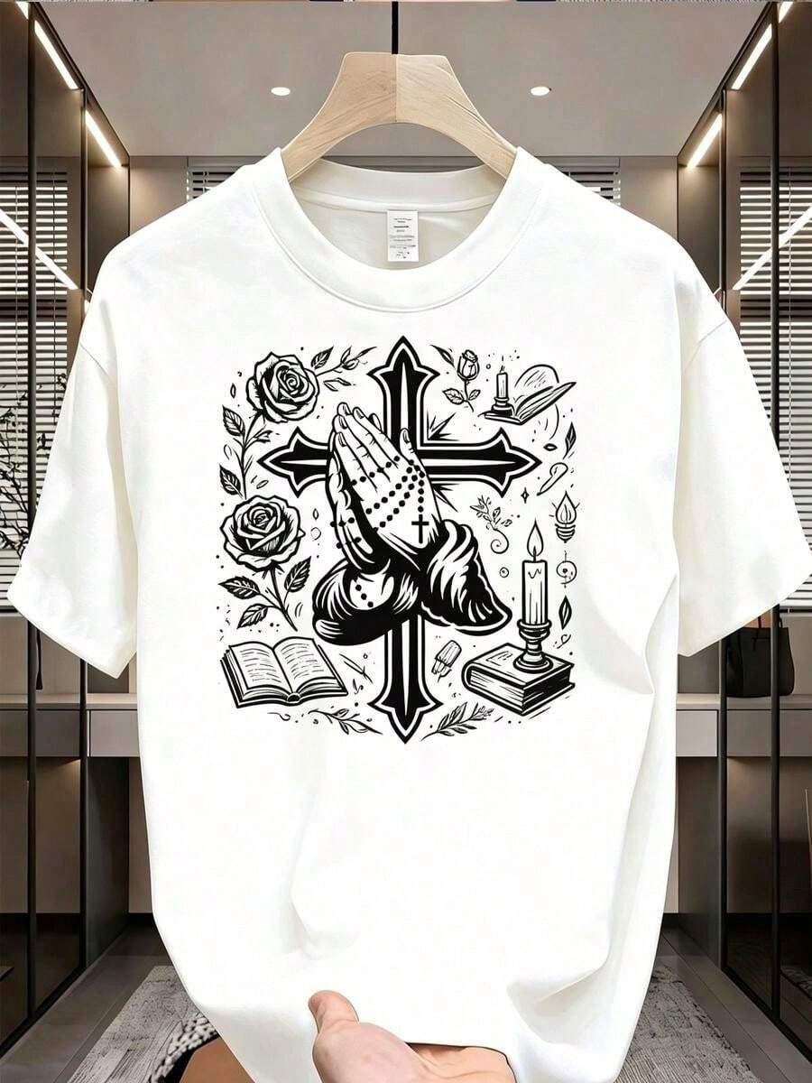 Camiseta Casual para Hombre con Dise?o de Manos en Oración y Cruz, Estilo Urbano, Moda para Hombre, Ropa Casual para Adultos - Blanco - Ver 1