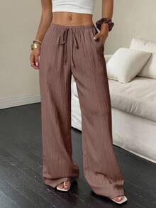 Women's Wide-Leg Pants With Diagonal Pocket, Tie Waist, And Solid-Color Textured Fabric - 深棕色 - 查看 1