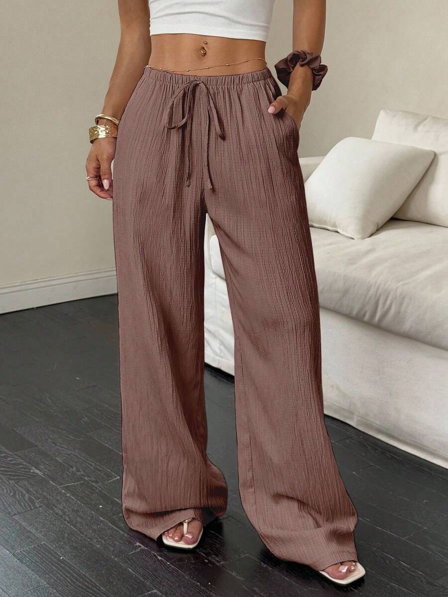 Women's Wide-Leg Pants With Diagonal Pocket, Tie Waist, And Solid-Color Textured Fabric - 深棕色 - 查看 1
